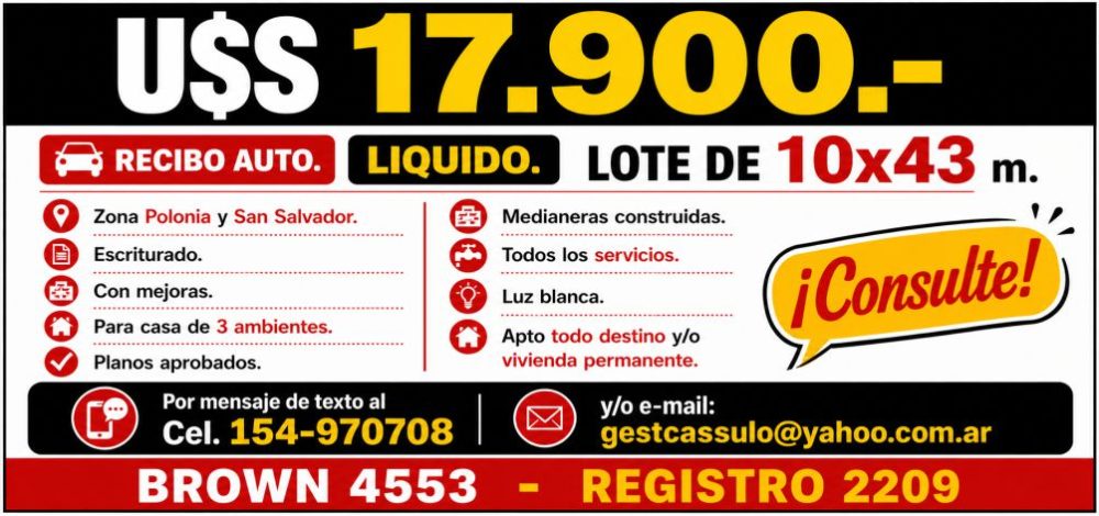 Lote u$s13.900 recibo auto